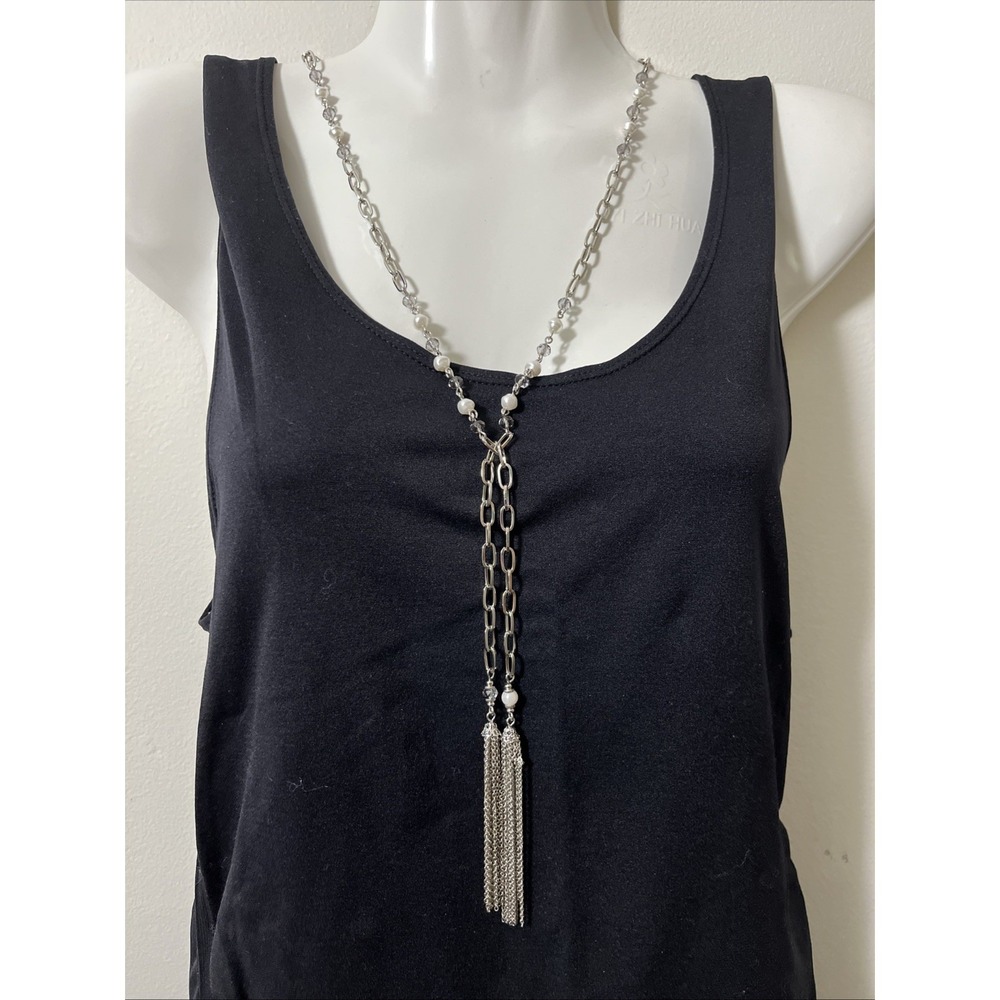 Premier Designs Pearlfection ‎ Elongated Silver Tone Chain Faux Pearls Tassels